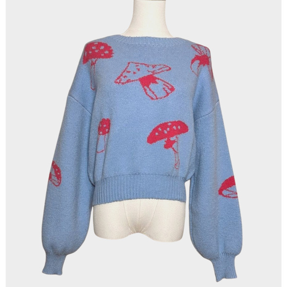 Cider Blue w Coral Mushroom Pattern Balloon Sleeve Jacquard Sweater Medium - Picture 1 of 6